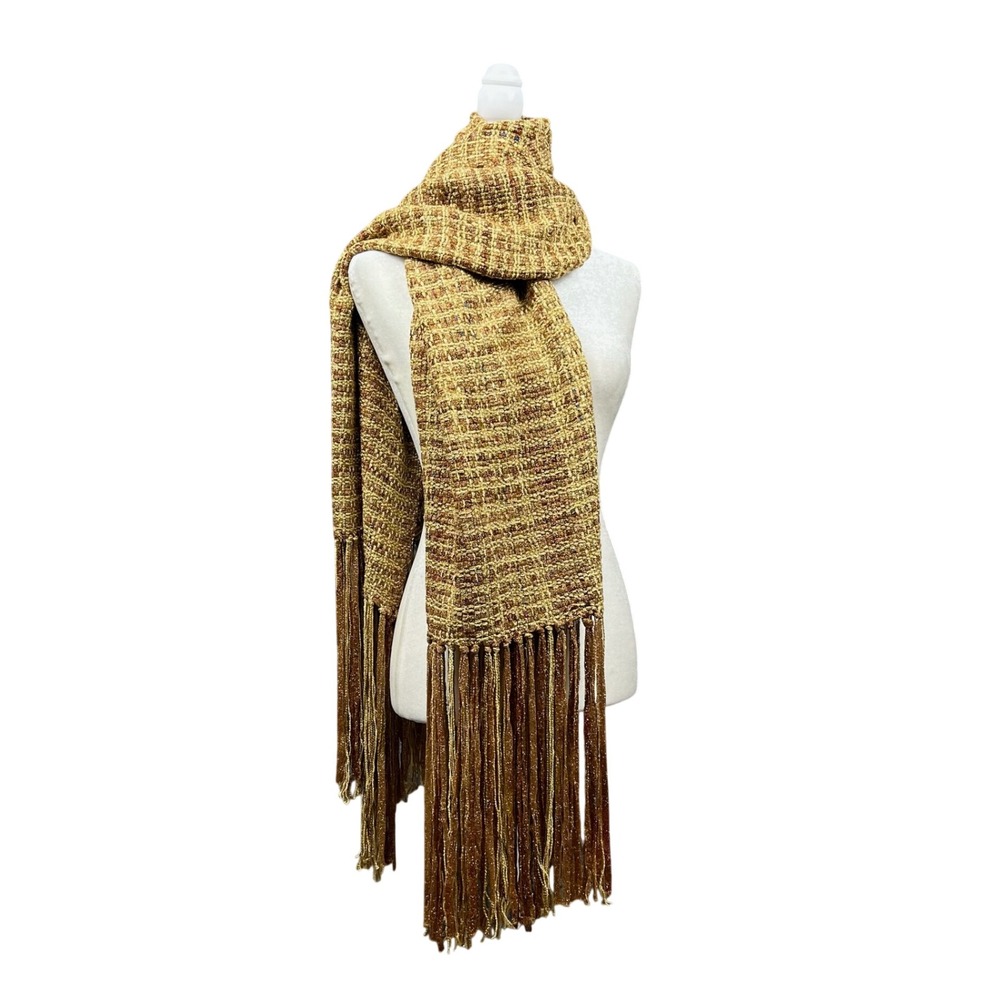 Gold Metallic Knit Scarf Womens Wrap Shawl Fringe Boho Lagom Artisan Textured